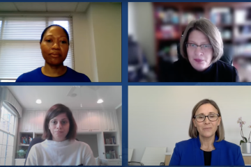 Four maternal health discussion panelists in a Zoom conversation: Andreea Creanga, Kelly Bower, Carmen Alvarez, and Garima Sharma
