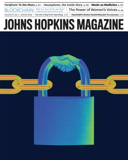 winter 2022 cover of Johns Hopkins Magazine shows a padlock connecting chain links