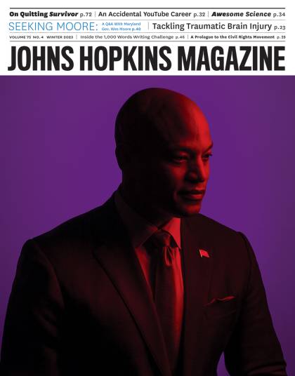Johns Hopkins Magazine Winter 2023 cover featuring a portrait of Maryland Gov. Wes Moore