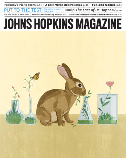 Cover art of Johns Hopkins Magazine's fall 2024 issue features a rabbit eating flowers out of test tubes