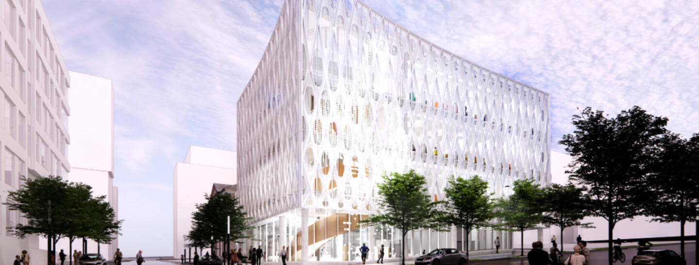 Exterior street-view rendering of a modern, angular glass building