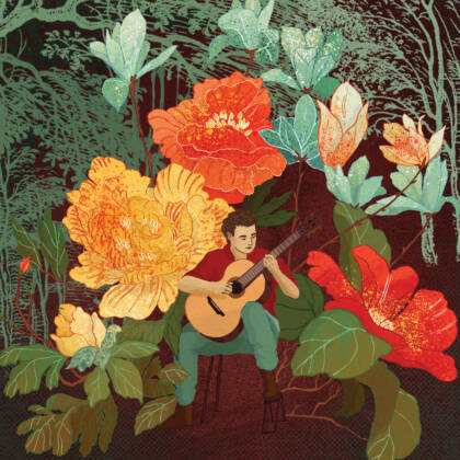A person strums a guitar against a backdrop of flowers